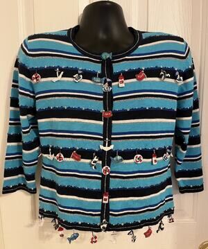 VTG Jack B Quick Nautical Cardigan Sweater Sailor 3D Art bead embroidery sequin